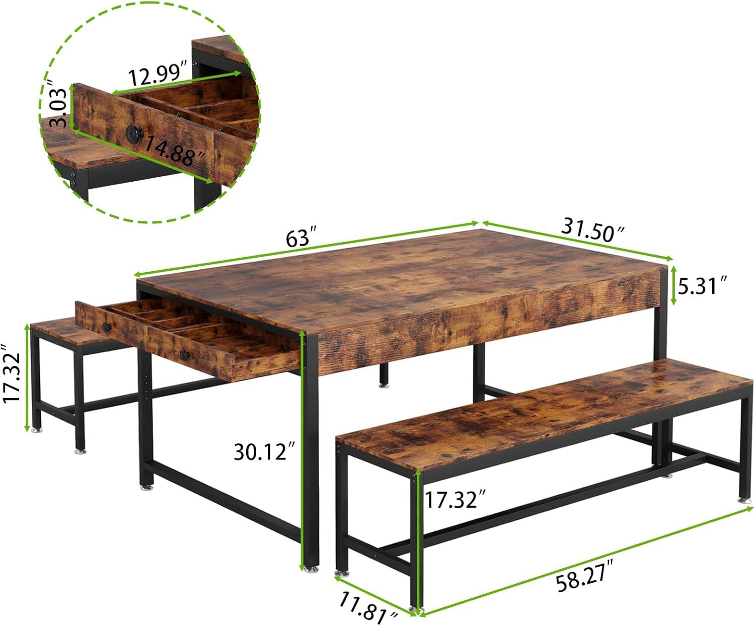 Zubie 63"Dining Table Set for 4-6, 3-Piece Kitchen Table with 2 Utensil Drawers,2 Benches&Wine Rack