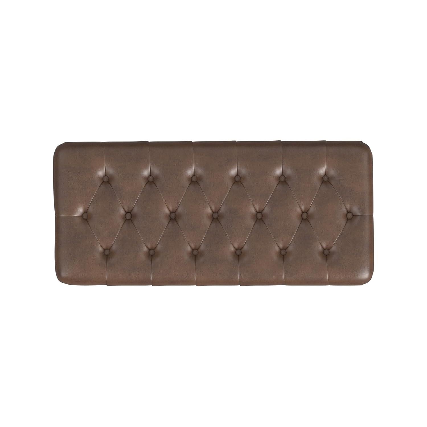 Button Tufted Storage Bench with Cone Wood Legs Faux Leather Brown - HomePop: Hinged Lid, Easy Access