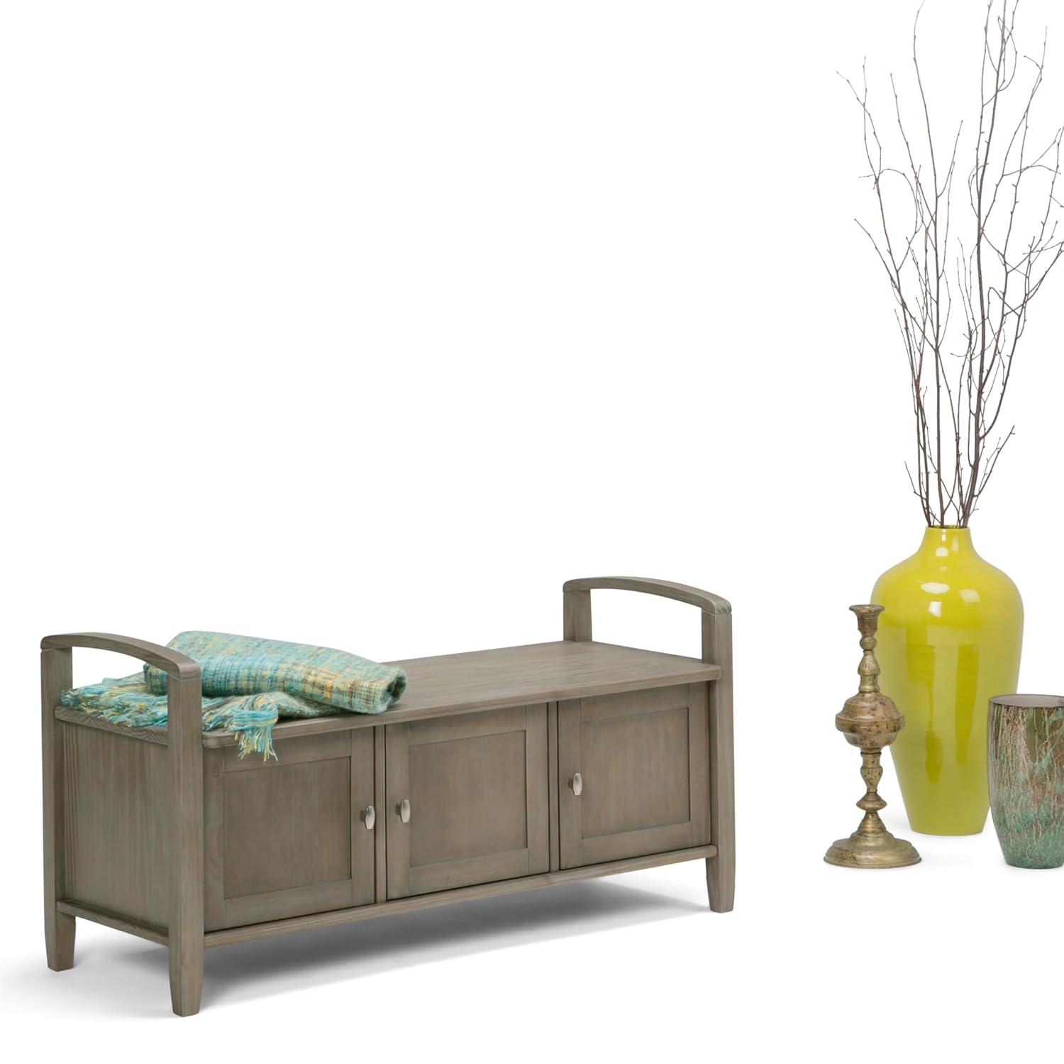 Simpli Home Warm Shaker 44"W Solid Wood Entryway Storage Bench with 3 Cabinets, Shaker-Style Doors and Interior Shelves