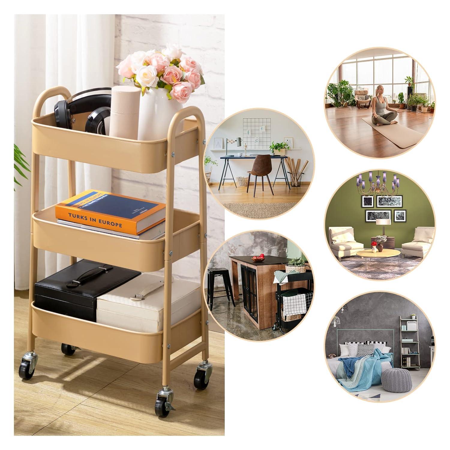 ZUNMOS 3 Tier Utility Rolling Cart, Metal Mobile Storage Cart with Lockable Caster Wheels, Storage Shelves Organizer Cart for Livingroom, Bathroom, Kitchen, & Narrow Places, White