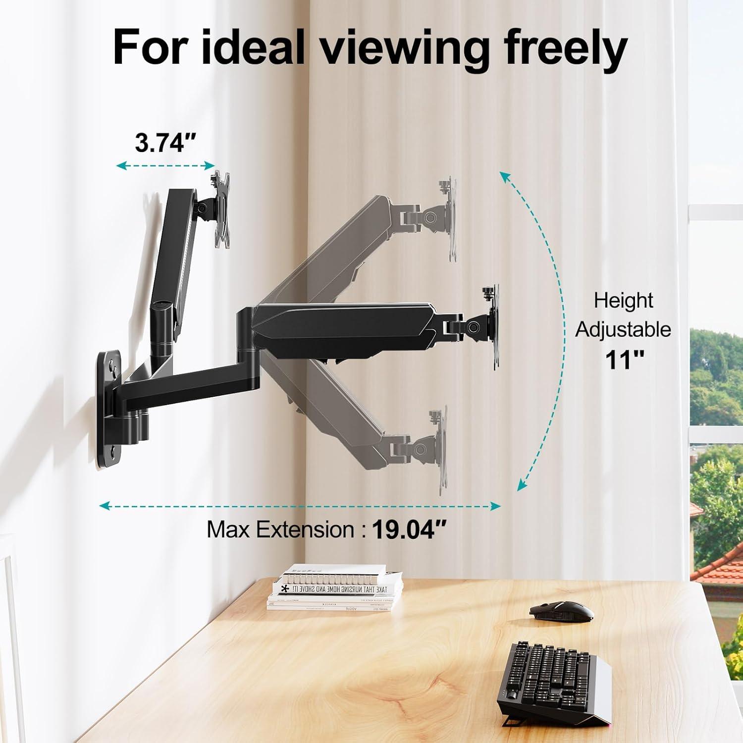 Black Dual Arm Full Motion Wall Monitor Mount with Gas Spring