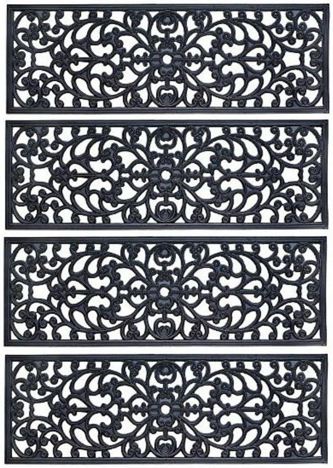 Decorative Scrollwork Design Rubber Stairs Anti-Slip Tread Mat Carpet, Set of 4