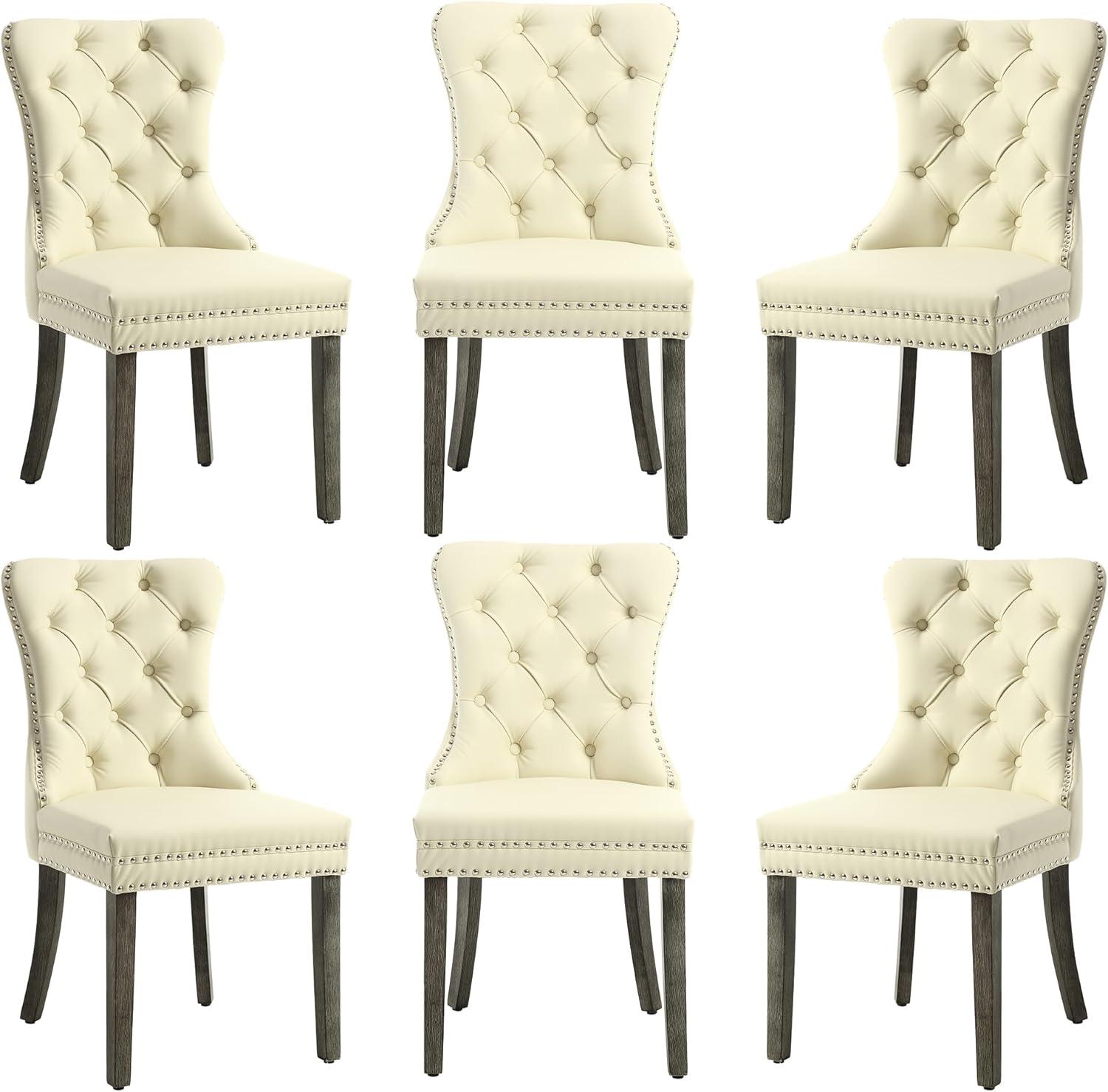 ODUSE-DAILY Velvet Dining Chairs Set of 6, Kitchen & Dining Room Chairs, Nailheads Tufted Chair, Sillas De Comedor, Two-Tone Fabric Upholstered, Wood Legs (Beige & Patterned, 6 Pcs)