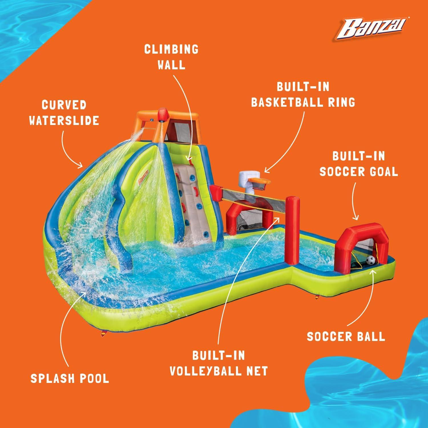 Banzai Banzai Aqua Sports Kids Inflatable Outdoor Backyard Water Slide Splash Park