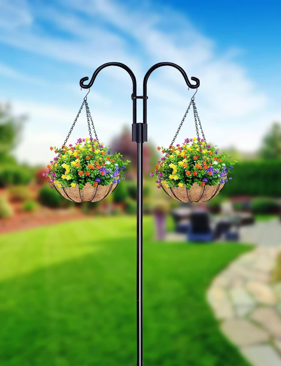 AOWOO Double Shepherds Hooks for Outdoor, 76 Inch Bird Feeder Pole with 5 Prongs Base, Adjustable Shepherd Hook 2-Pack Heavy Duty Two Sided Garden Pole for Hanging Bird Feeders, Plant Baskets, Black