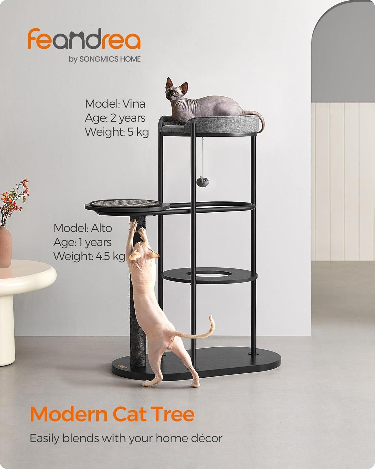 Modern Black and Gray Sisal Cat Tree with Cushioned Platforms