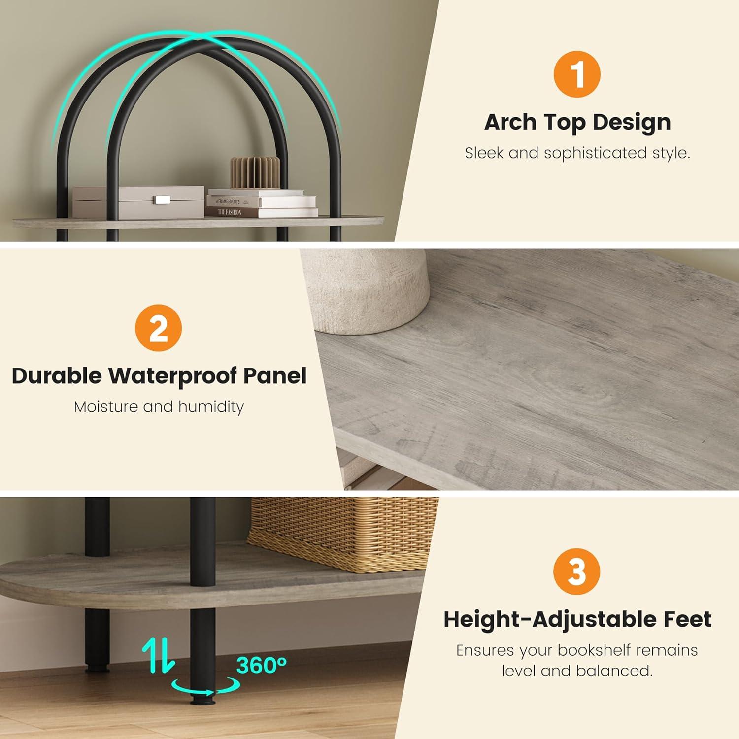 Black and Retro Five-Tier Arched Metal and Wood Bookshelf