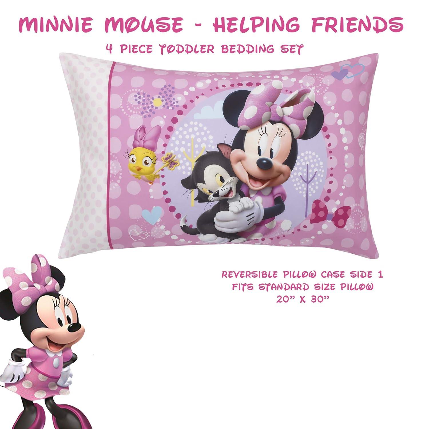 Disney Minnie Mouse 4 Piece Bedding Sets, Toddler Bed with Comforter, Fitted Sheet, Flat Top Sheet, Pillowcase