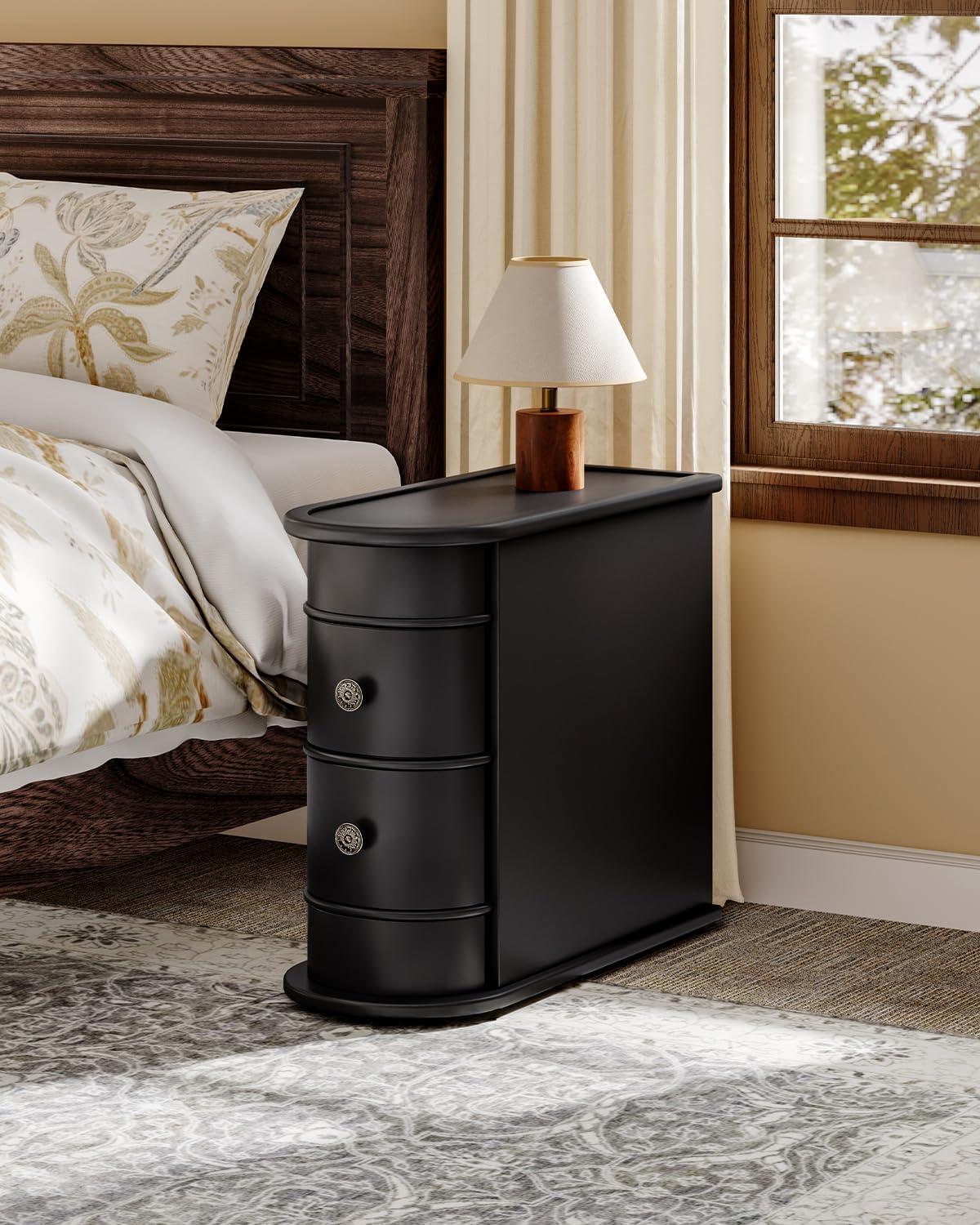 Hommoo Wood Narrow Nightstand with 2 Drawers