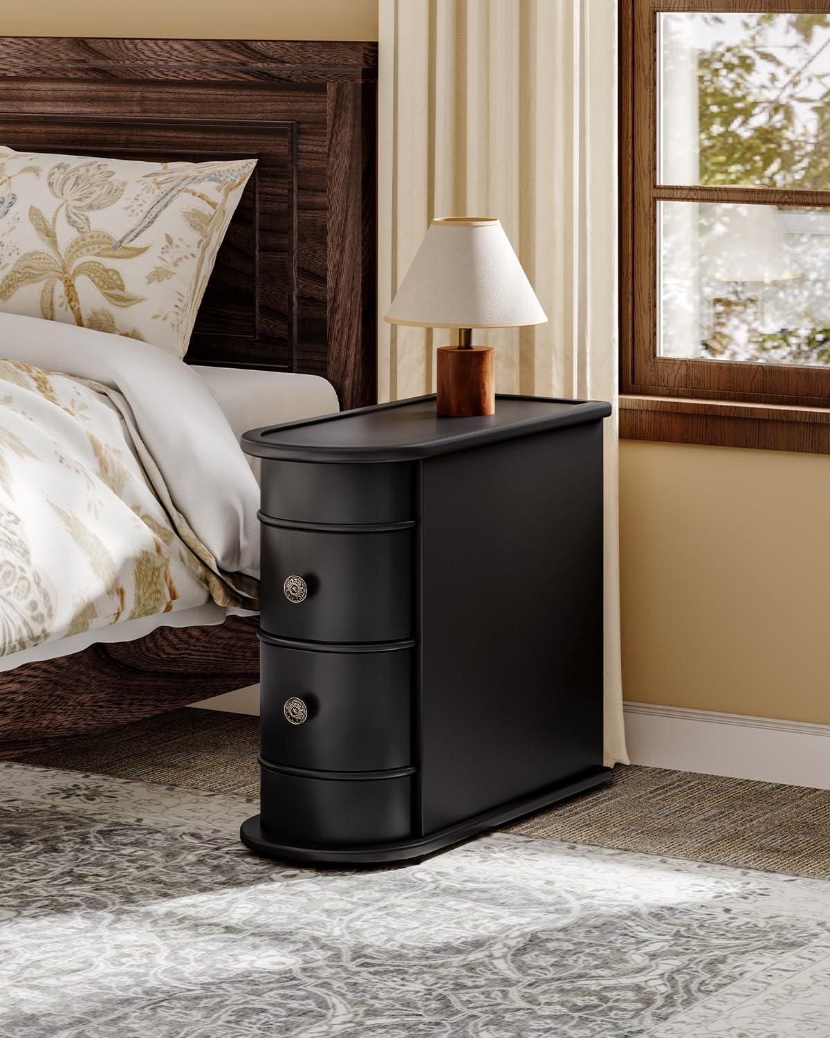 Hommoo Wood Narrow Nightstand with 2 Drawers Black