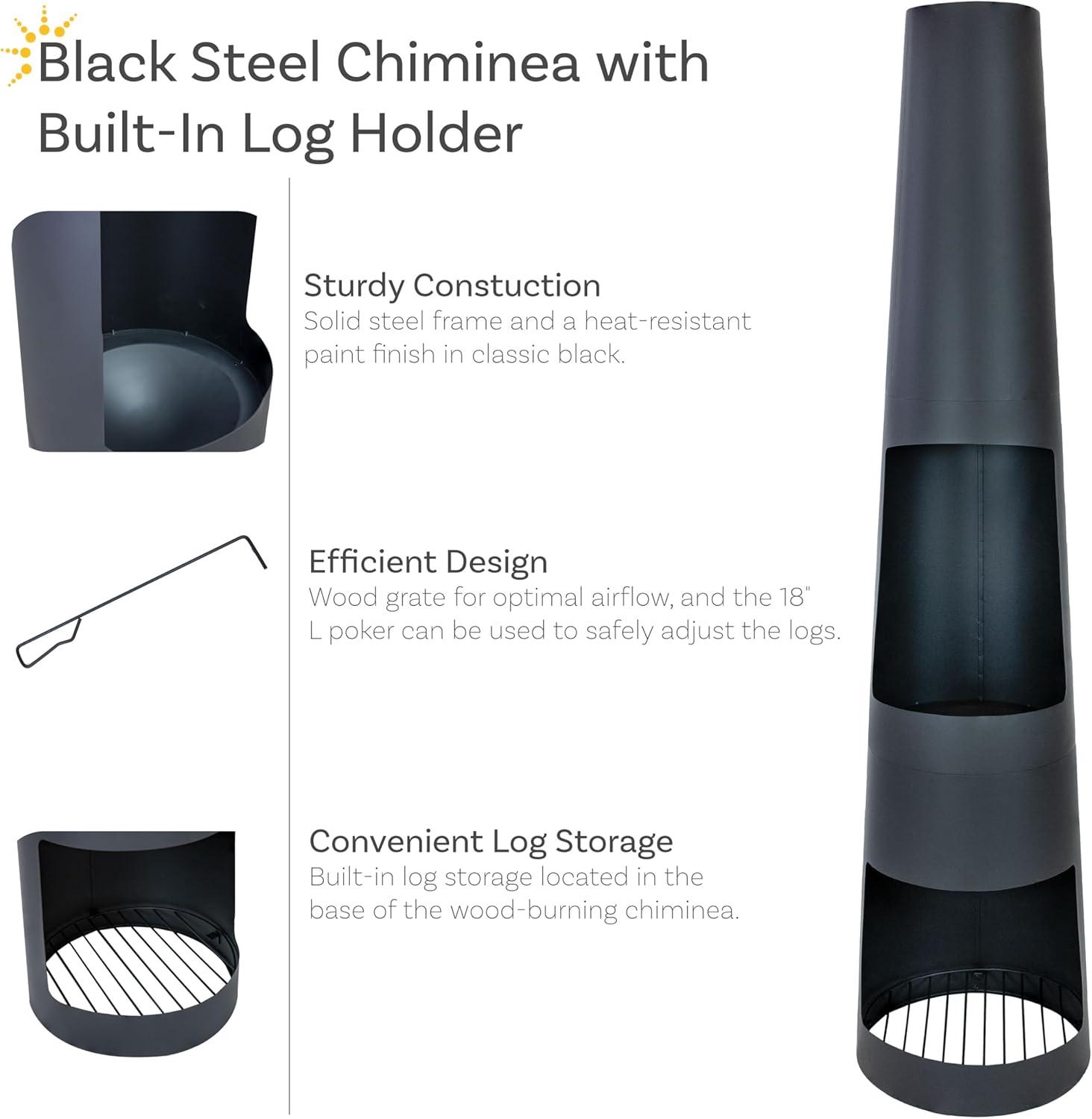 Sunnydaze Steel Chiminea with Built-In Log Holder - Black - 59" H