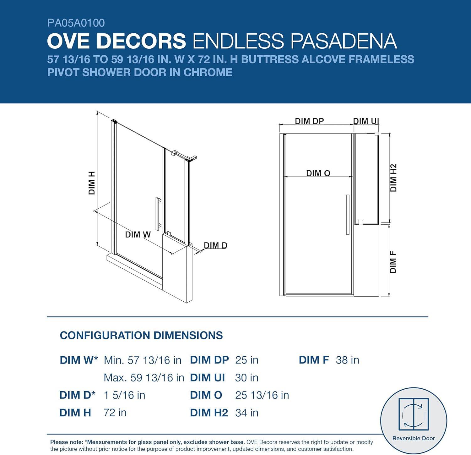 Pasadena Chrome Frameless Pivot Shower Door Kit with Tempered Glass