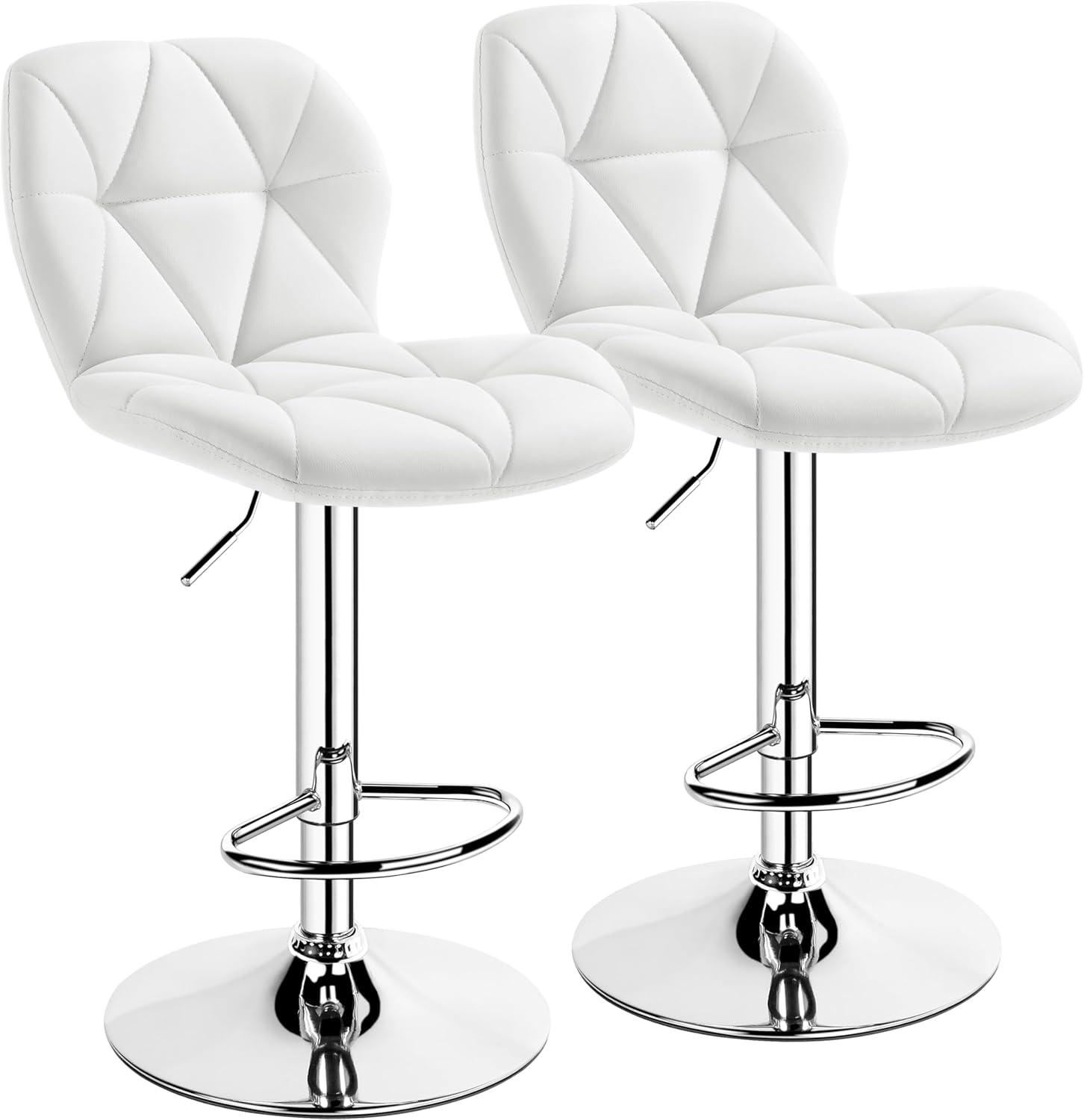 Yaheetech Barstools Set of 2, PU Leather Counter Stools Bar Chairs with Backrest, Height Adjustable Swivel Tall Chairs for Home Bar Kitchen Island, White