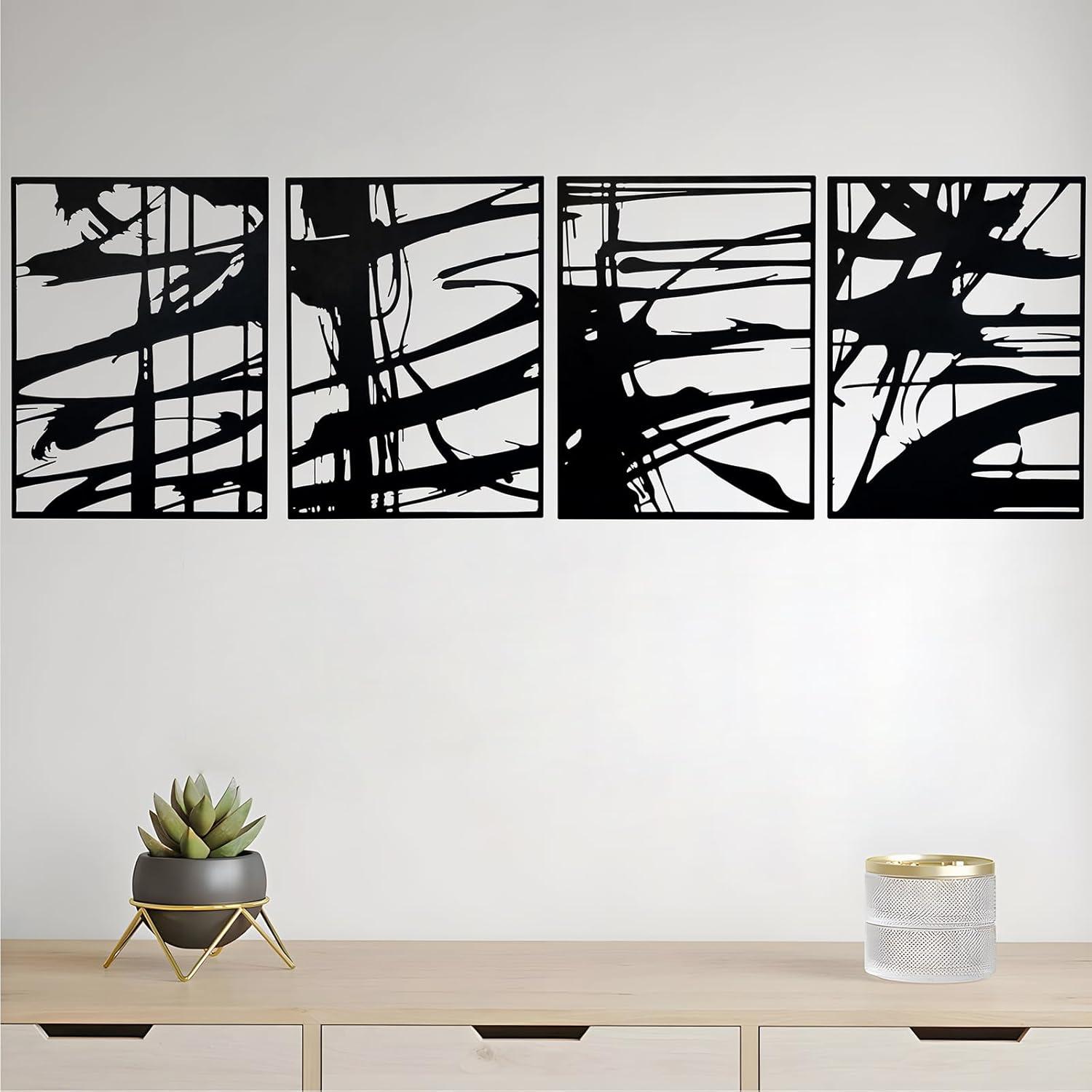 Ivy Bronx 4 Pack Black Abstract Metal Wall Art, Minimalist Décor Single Line Art Wall Décor, 3D Textured Metal Wall Sculptures, For Living Room Bedroom Bathroom Study Room (Black Abstract, M Size 16 X 11'')