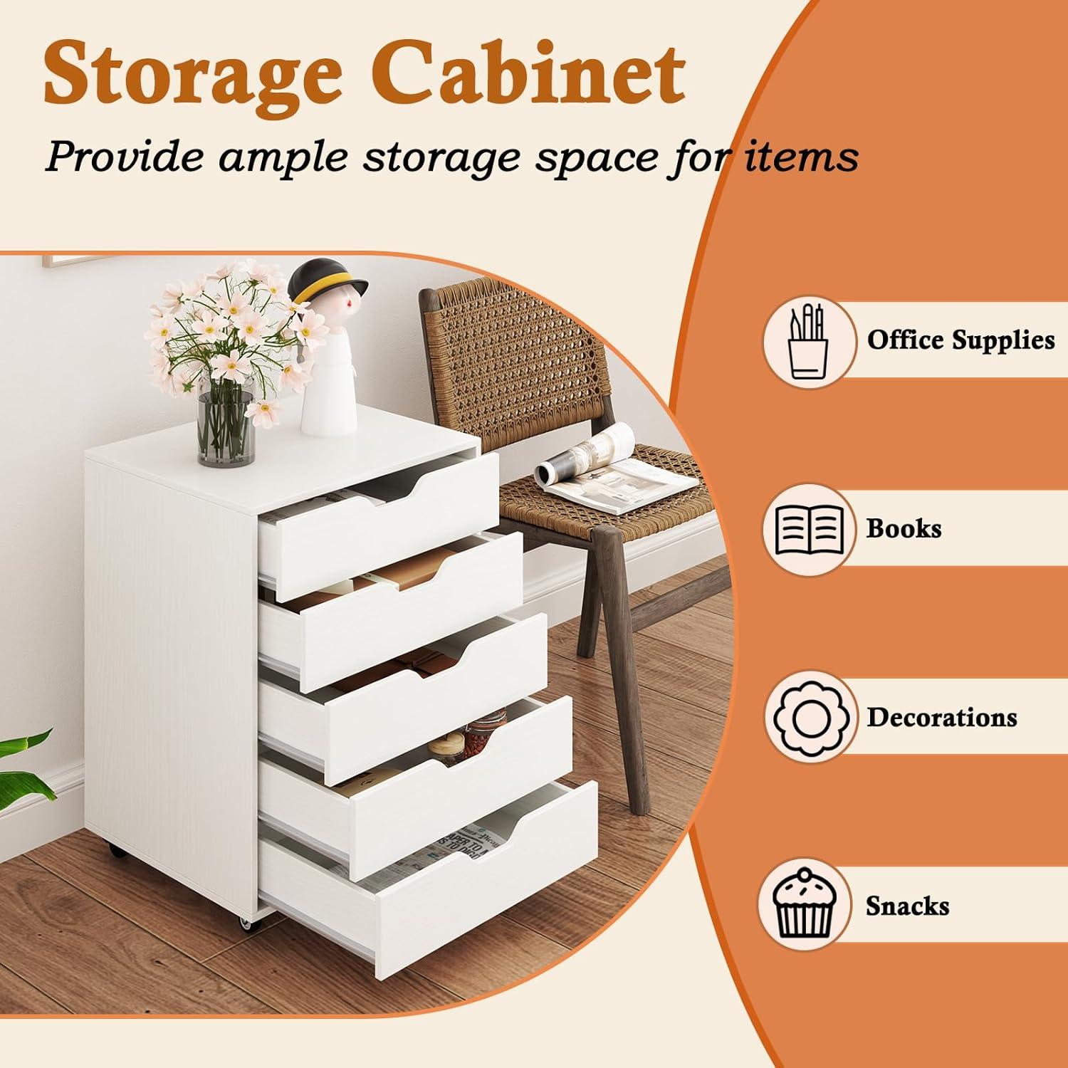 Halifax 5 Drawer Cabinet with Casters White - Winsome: Office Furniture Storage, Printer Stand