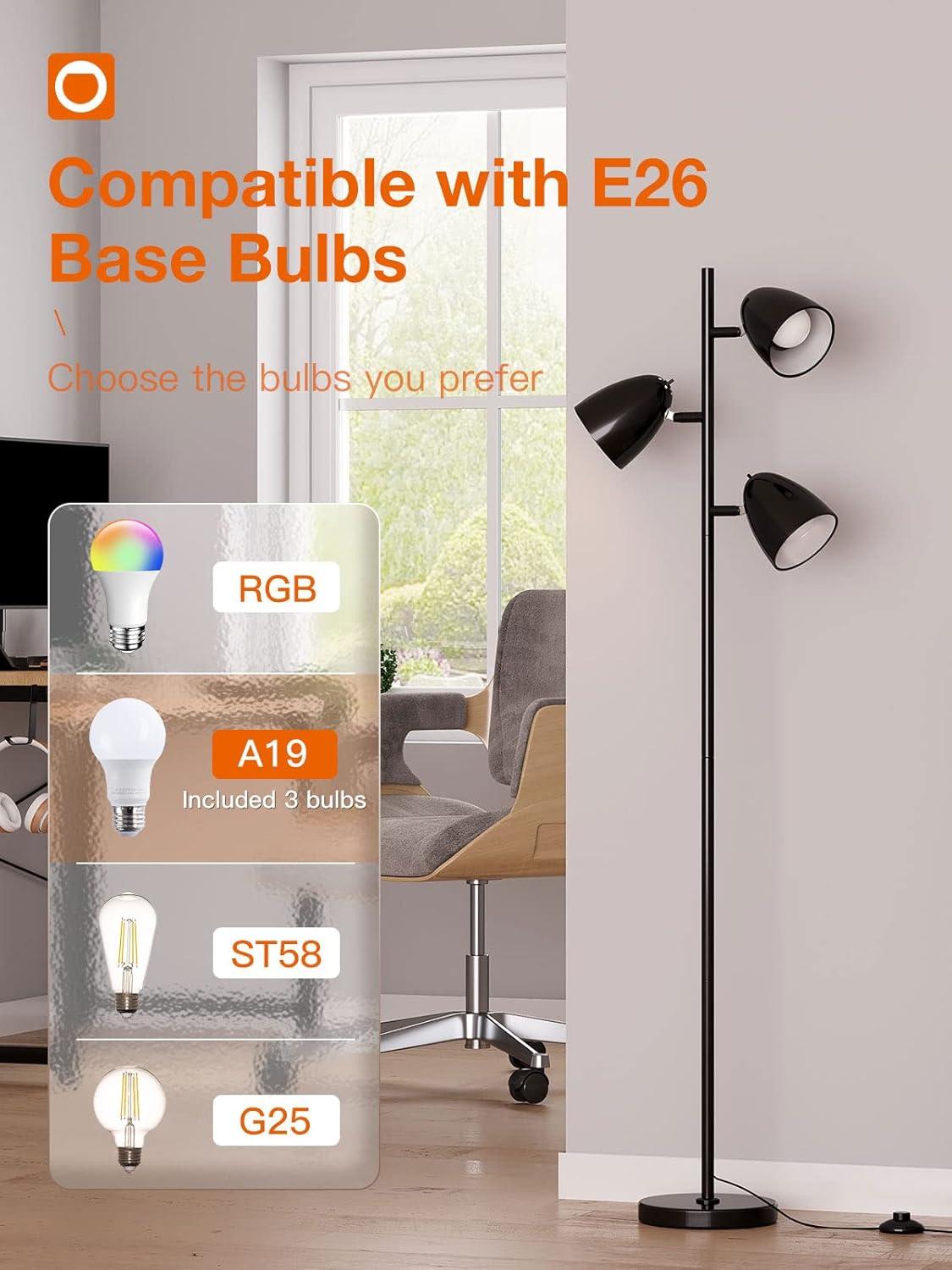 addlon Tree Floor Lamp with 3 Adjustable Rotating Lights and Matching LED Bulbs, Standing Tall Pole Lamps for Living Room, Bedroom, Home, Office - Black