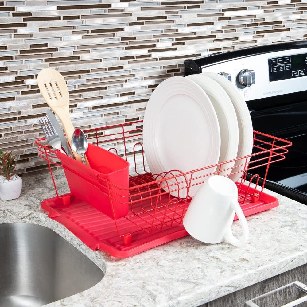 Red Metal Single Tier Dish Rack with Utensil Cup