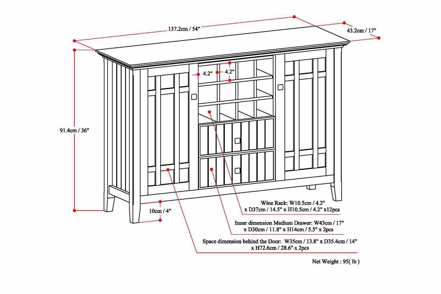 Simpli Home Bedford 54" Wide SOLID WOOD Sideboard Buffet and Wine Rack