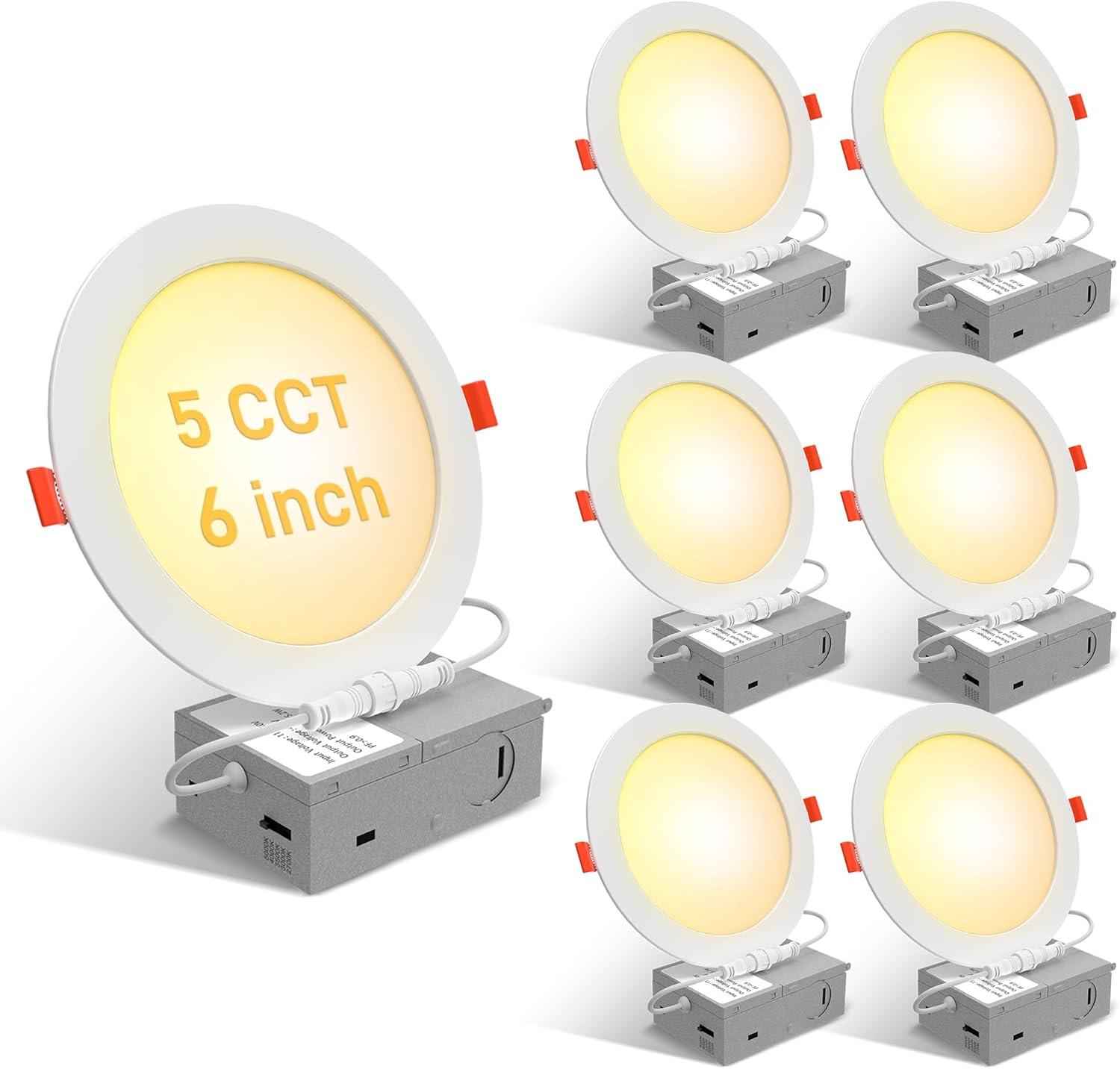 12 Pack 6 Inch 5CCT Ultra-Thin LED Recessed Ceiling Light with Junction Box, 2700K/3000K/3500K/4000K/5000K Selectable, 1050LM Brightness, Dimmable Canless Wafer Downlight, 12WEqv110W-ETL&FCC