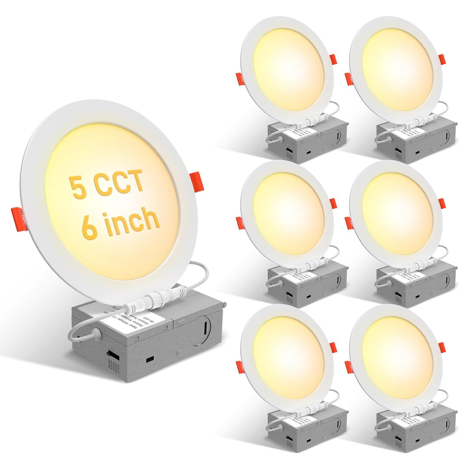 12 Pack 6 Inch 5CCT Ultra-Thin LED Recessed Ceiling Light with Junction Box, 2700K/3000K/3500K/4000K/5000K Selectable, 1050LM Brightness, Dimmable Canless Wafer Downlight, 12WEqv110W-ETL&FCC
