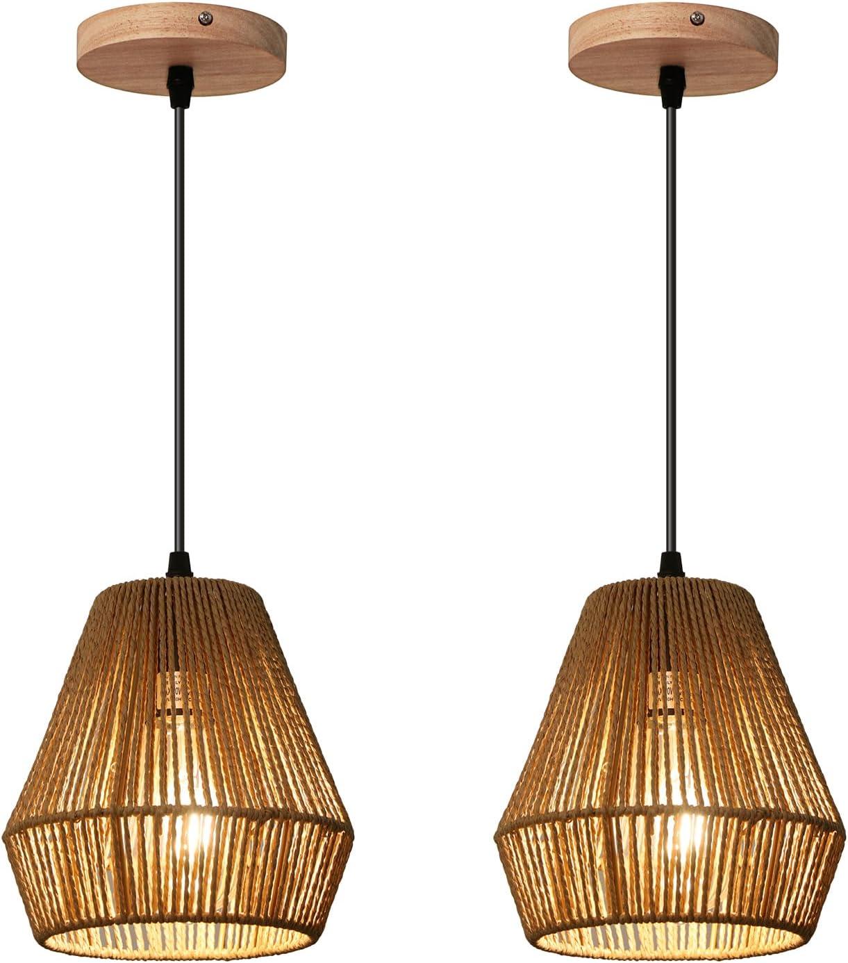 Adjustable Natural Rattan and Wood Pendant Light Set