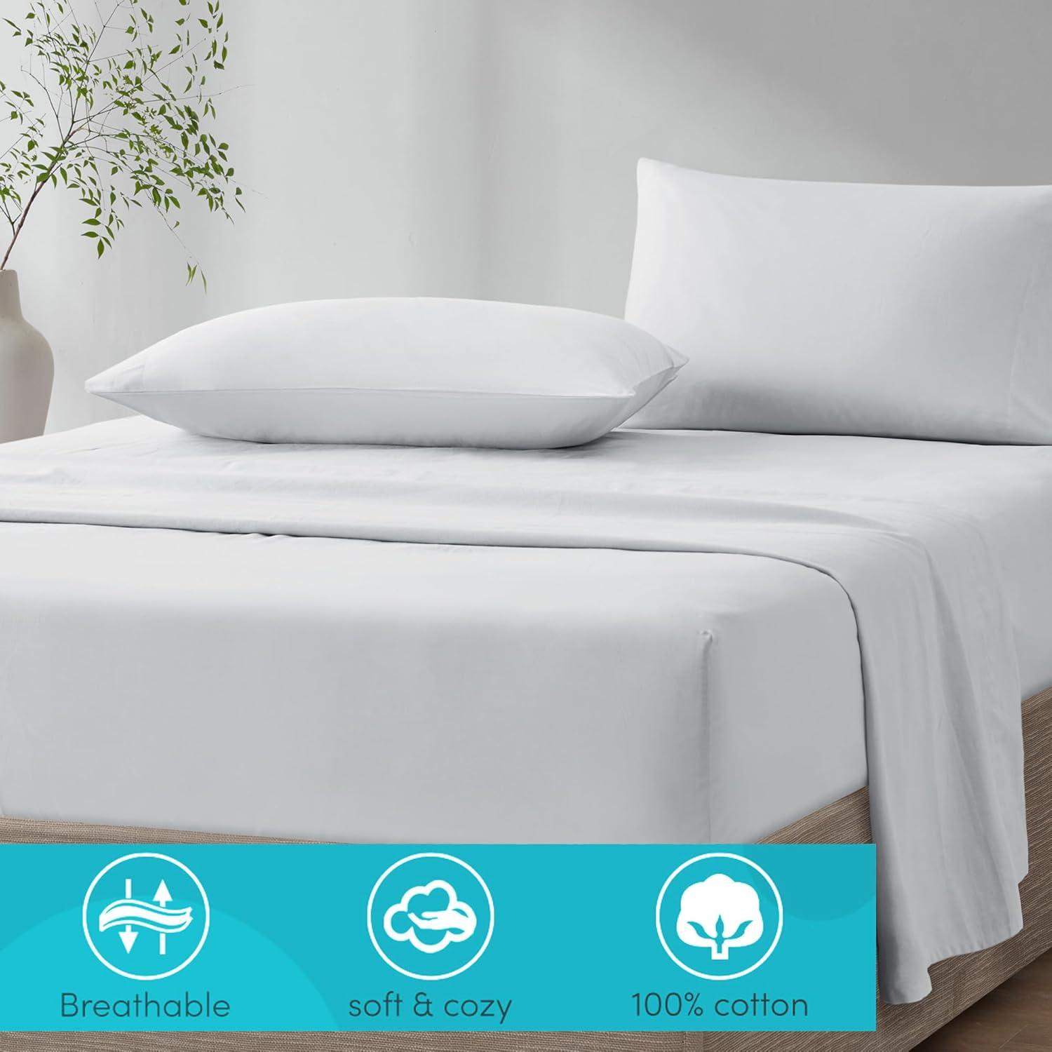 Comfort Spaces 100% Cotton Sheet Set Breathable, Lightweight, Soft with 12" Elastic Pocket Fits up to 14" Mattress, All Season Cozy Bedding, Matching Pillow Case, Twin XL White 3 Piece