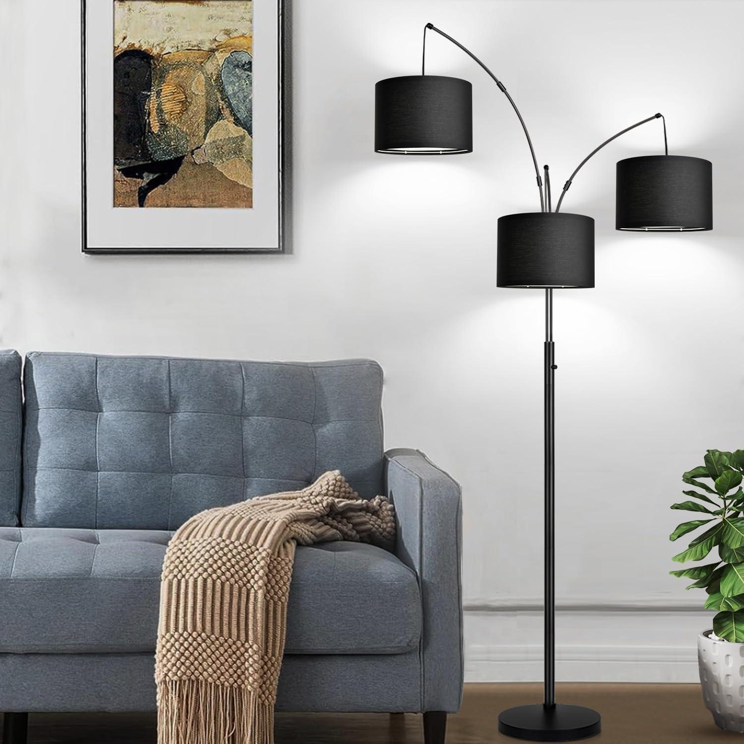 Matte Black Multi-Head Arc Floor Lamp with Linen Shades