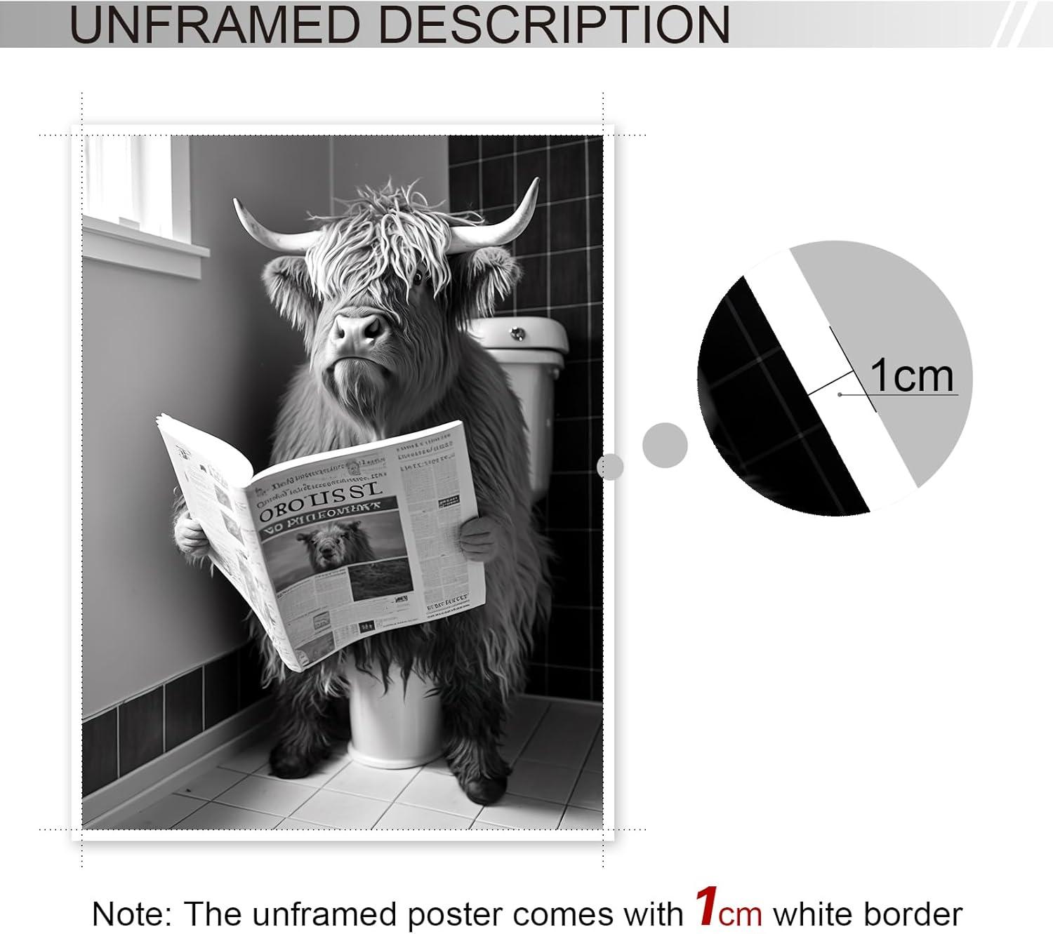 Yaasilinage Highland Cow Canvas Wall Art, Cow Sitting on The Toilet Reading Newspaper Print Poster, Funny Animal Bathroom Pictures for Toilet Guest Room Wall Decor 12x16in Unframed