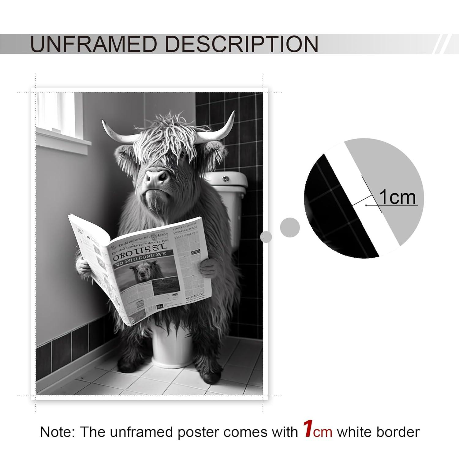 Yaasilinage Highland Cow Canvas Wall Art, Cow Sitting on The Toilet Reading Newspaper Print Poster, Funny Animal Bathroom Pictures for Toilet Guest Room Wall Decor 12x16in Unframed