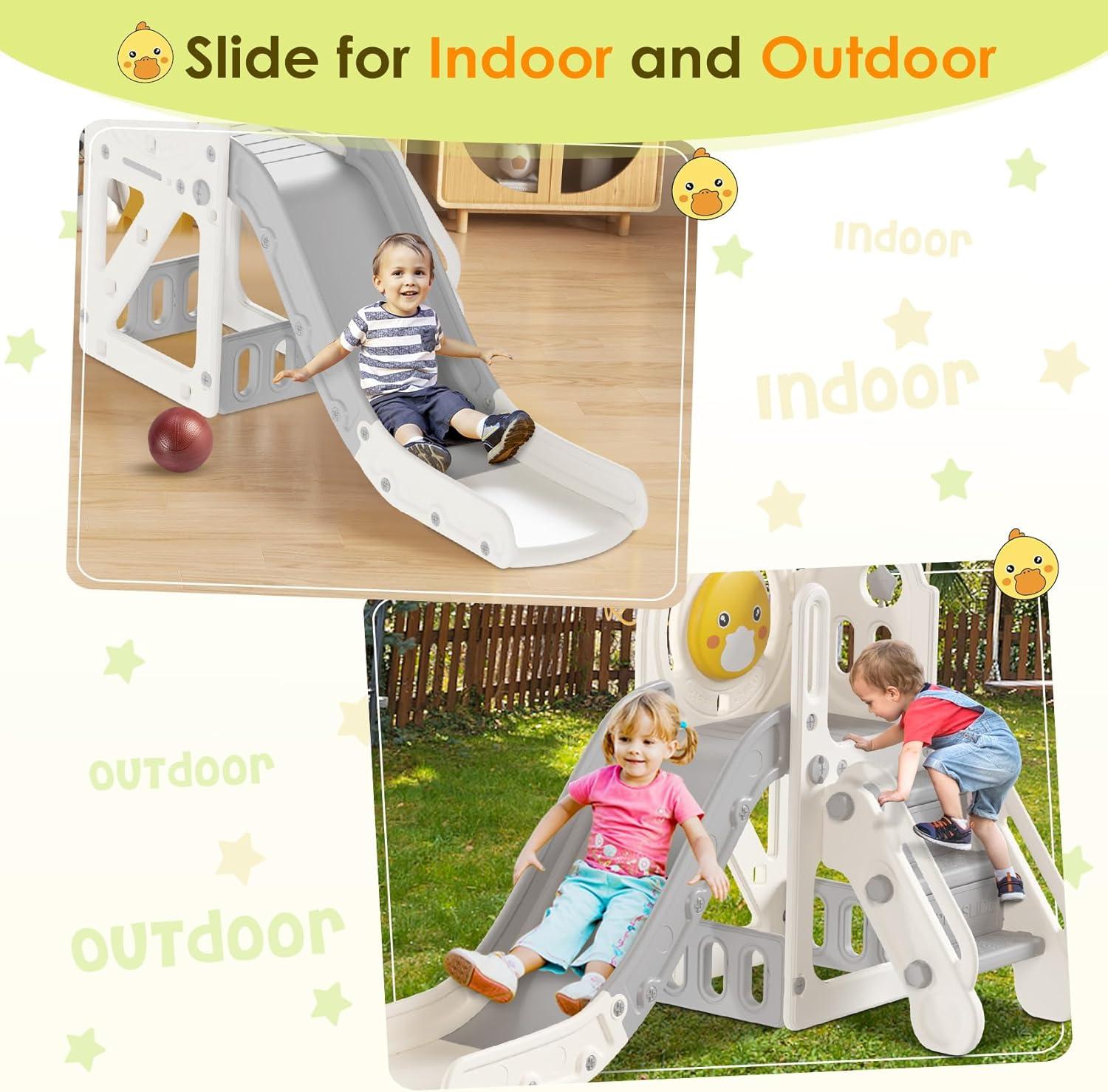 5 in 1 Toddler slide, Kids Slide with Climber Outdoor Indoor Slide Cute Duck Theme Playset