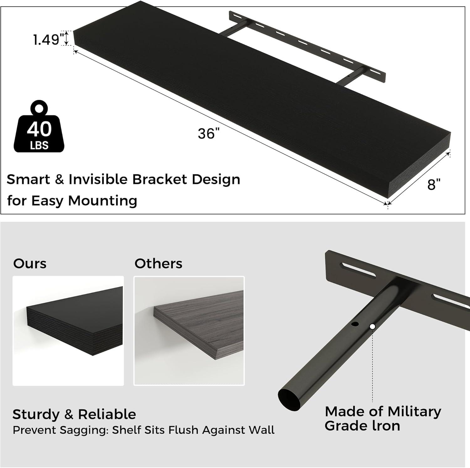 Black Wood Floating Wall Shelves with Invisible Brackets