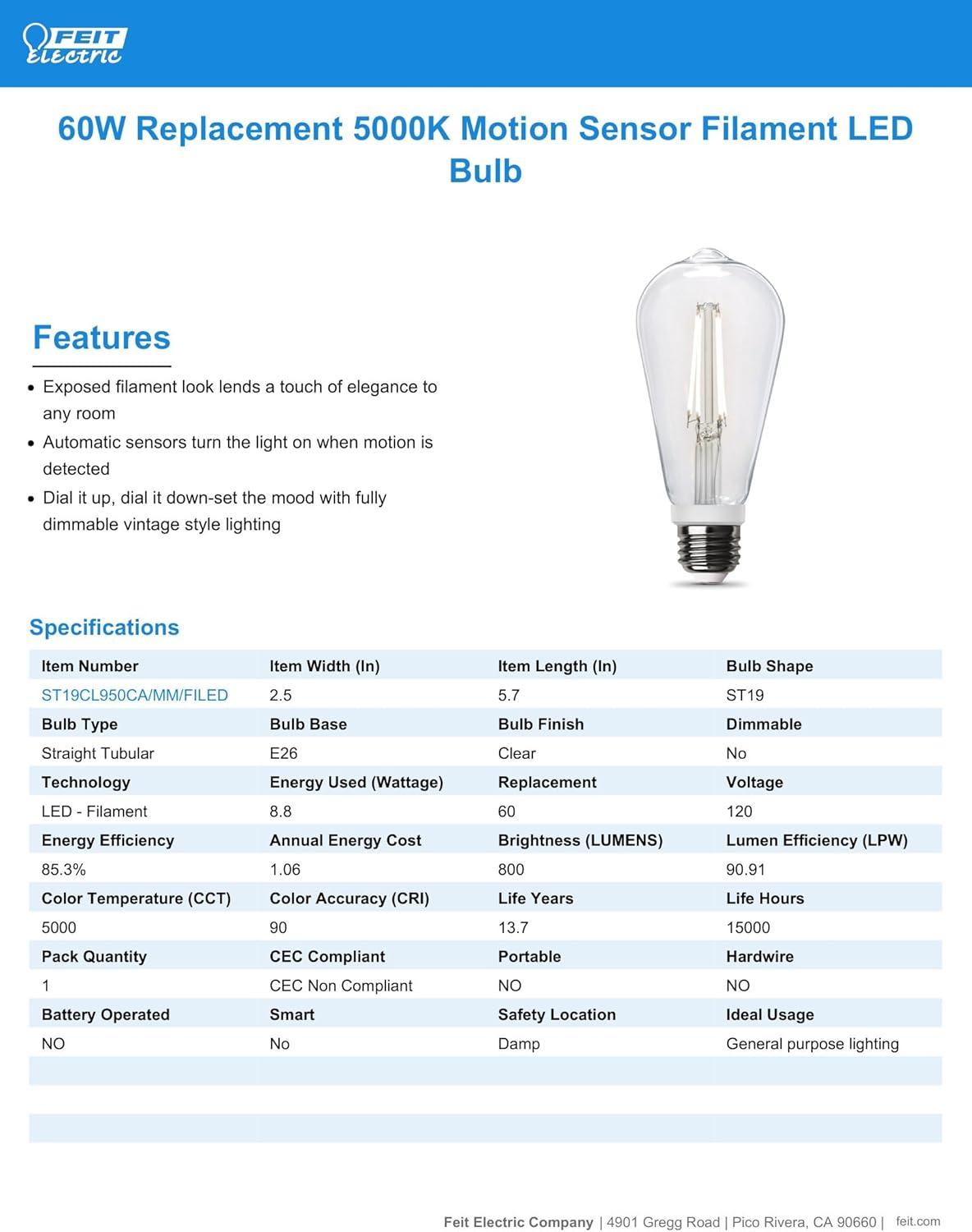 Feit Electric ST19 E26 (Medium) LED Motion Activated Bulb Daylight 60 Watt Equivalence 1 pk