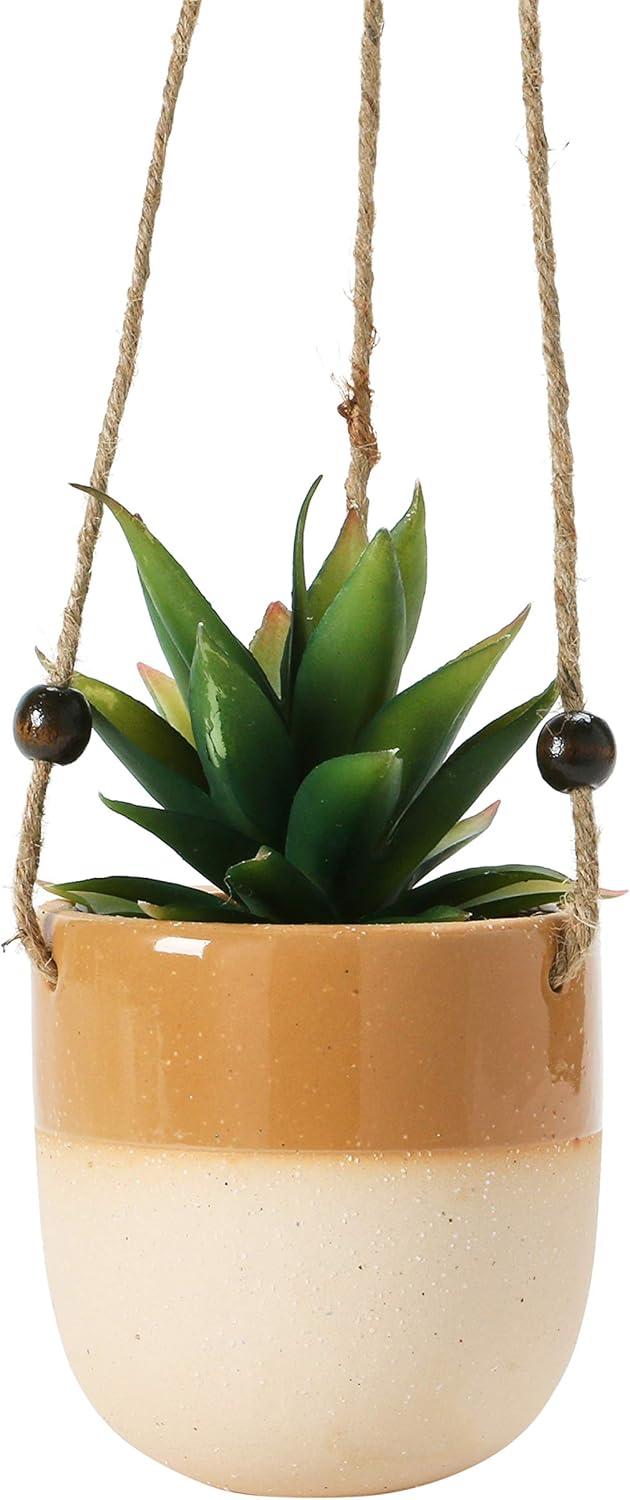 Alysbury Round Hanging Stoneware Planter with Jute Rope and Wood Beads (Set of 4)