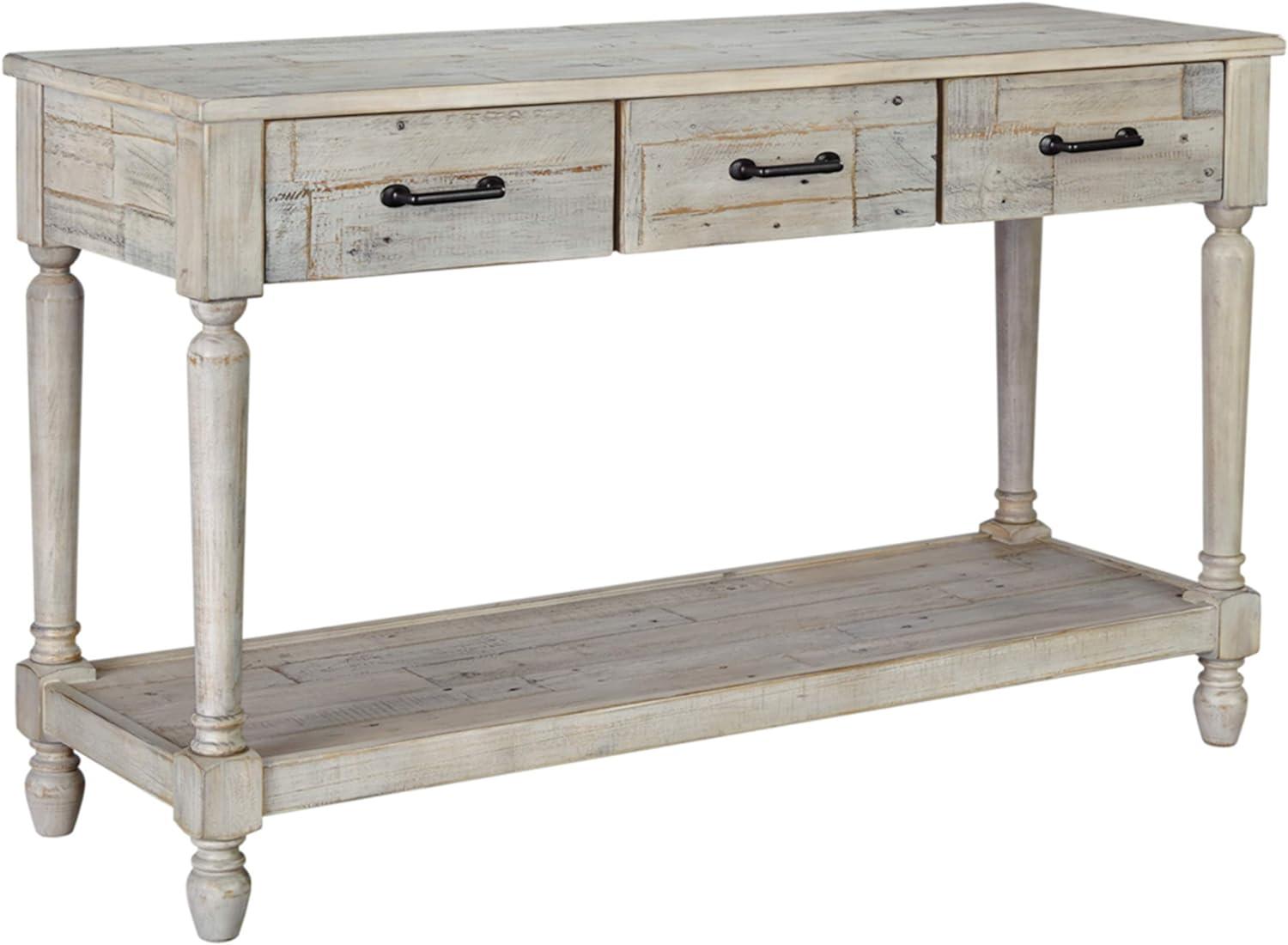 Whitewash Pine Wood Rectangular Console Table with Storage