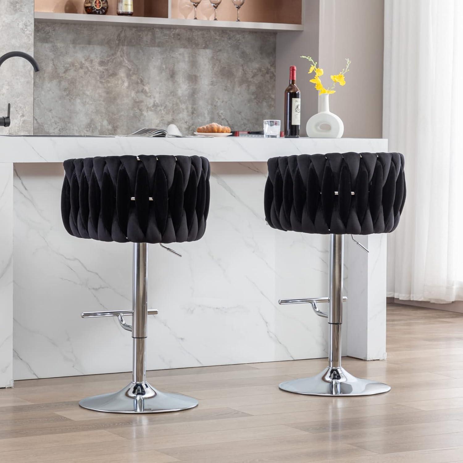 Velvet Bar Stools Set of 2, Counter Height Barstools with Low Back, Swivel Bar Stool for Kitchen Island, Pub (Black)