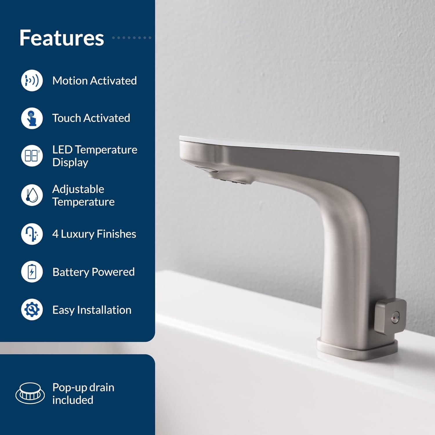 Bio Bidet Grove Touchless Bathroom Sink Faucet, Hands Free or Touch Activated, Brushed Nickel