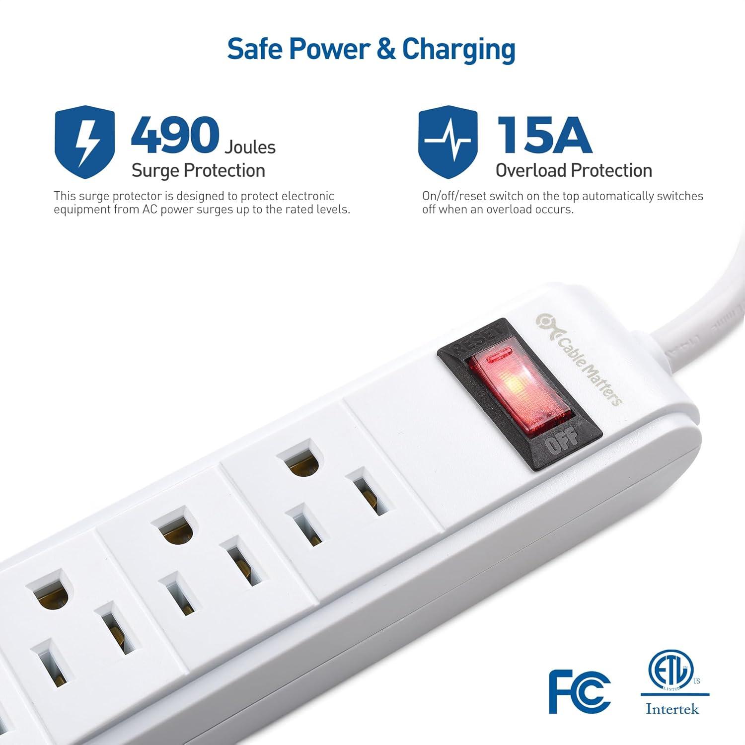 White 6-Outlet Surge Protector Power Strip with USB Ports, 8 ft Cord