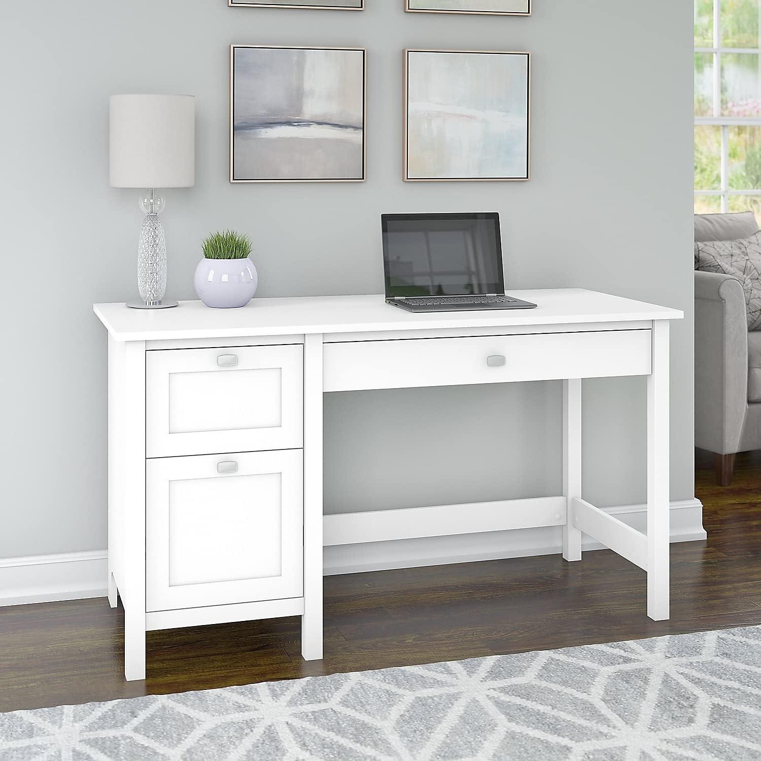 Broadview Computer Desk with Drawers Pure White - Bush Furniture: Mid-Century Modern, MDF, Office Furniture