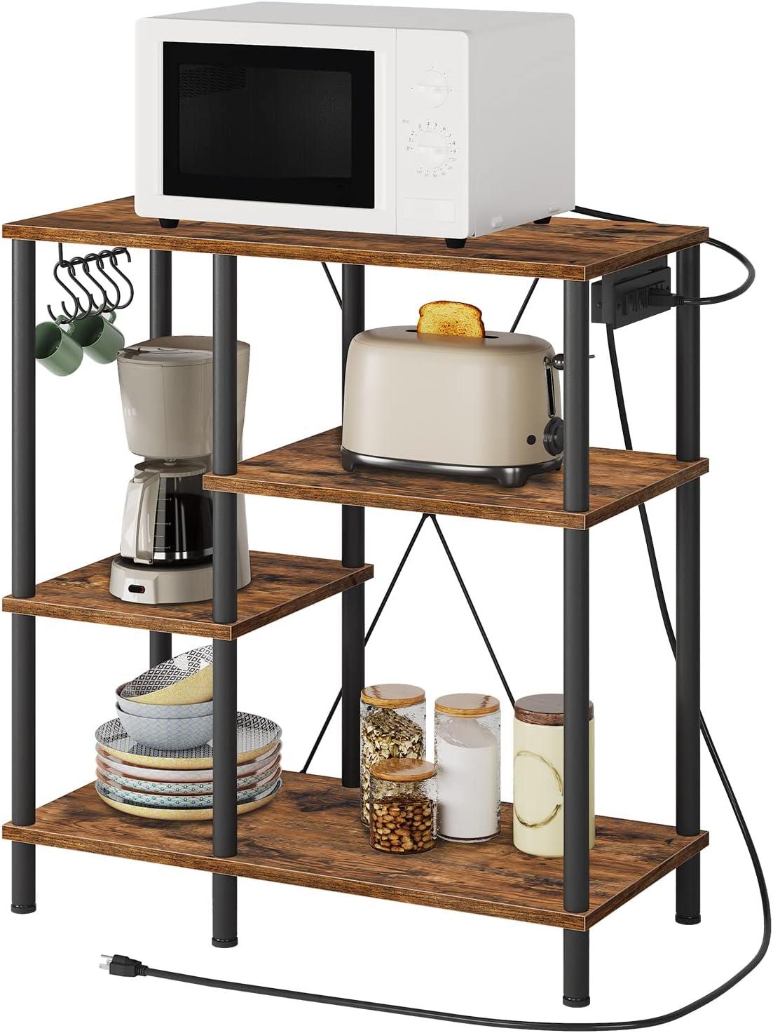 Rustic Brown and Black 4-Tier Kitchen Storage Rack with Power Outlet