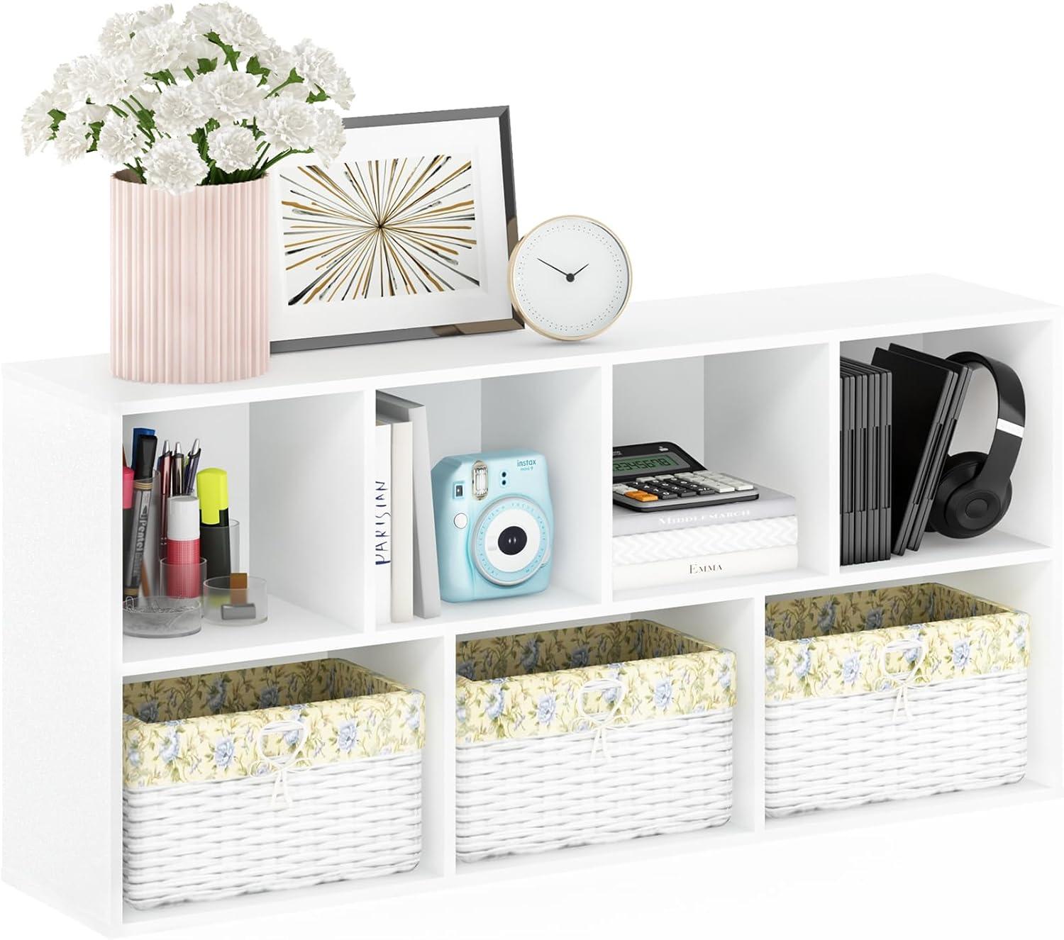 Contemporary White Wood 7-Cube Floor Mount Storage Shelf for Kids