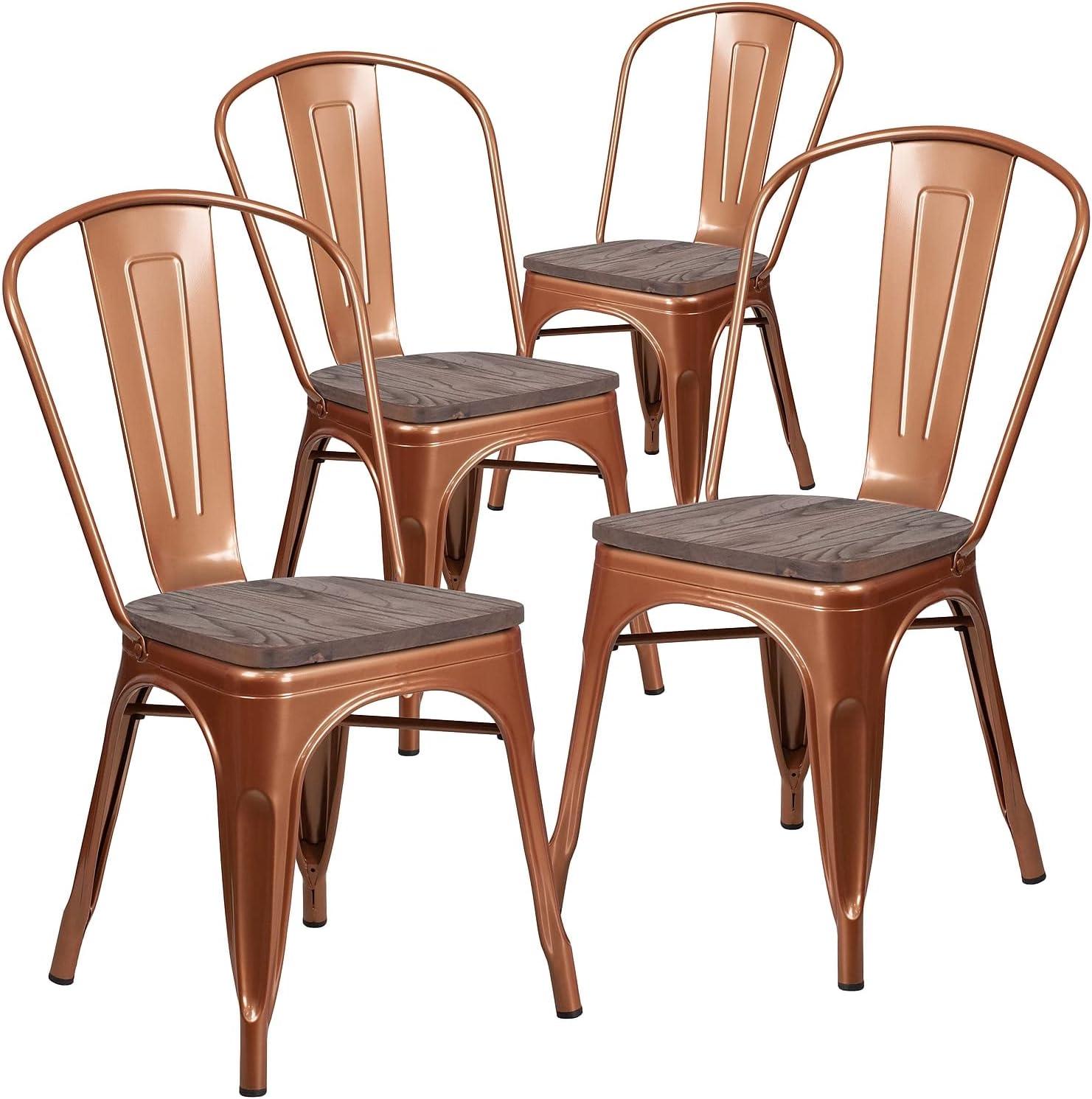 Copper Metal Stackable Dining Chair with Wood Seat