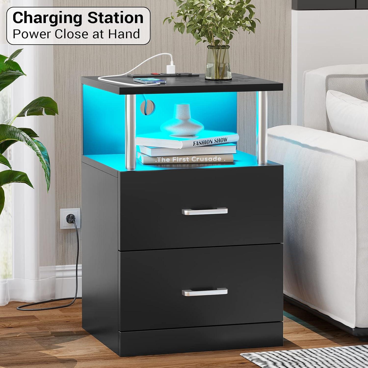 Black Nightstand with Charging Station and LED Lights for Bedroom, Bedside Table with 2 Drawers for Living Room, 2 USB Ports&2 Outlets