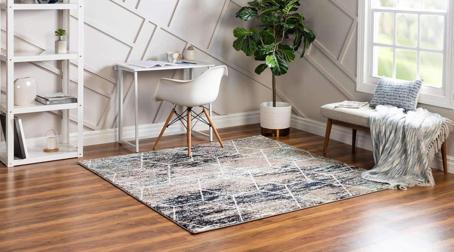 Unique Loom 6' 0 x 6' 0 Trellis Frieze Geometric Blue Multi Area Rug