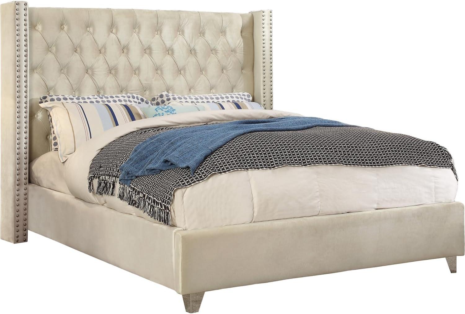 Elegant Cream Velvet Queen Bed with Deep Tufting and Chrome Nailhead Trim