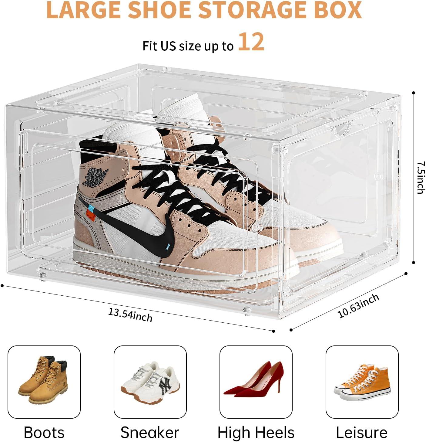 Upgraded Thickened Sturdy Large Shoe Boxes Clear Plastic Stackable 8 Pack Shoe Storage Organizer for Closet/Entryway, Drop front Shoe Box with Magnetic Door, Shoe Display Case, Fit up to US size 14