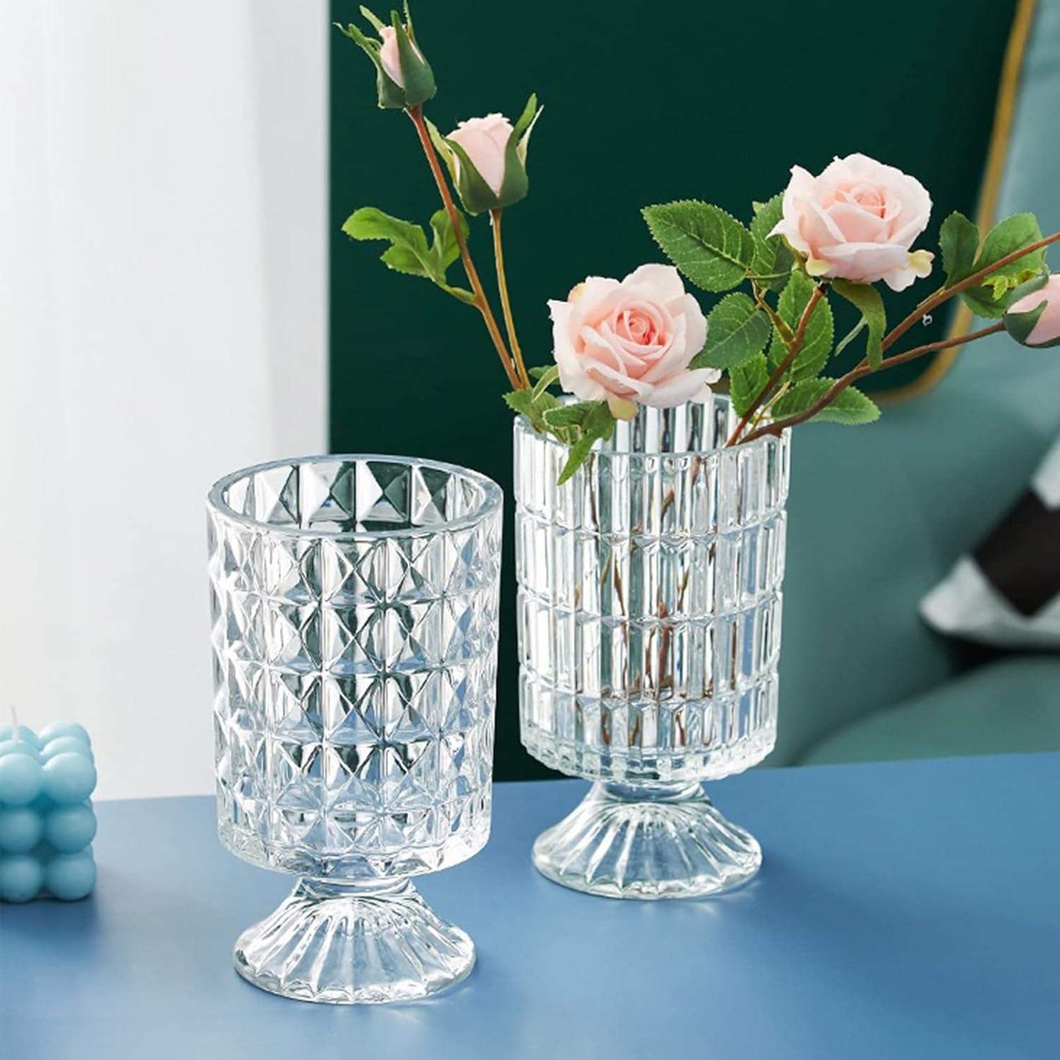 7 Inch Modern Glass Vase with Embossed Ribbed Base - Clear Hydroponic Design for Home Decor, Weddings Party Living Room, Dining Table Floral Arrangement Centerpiece