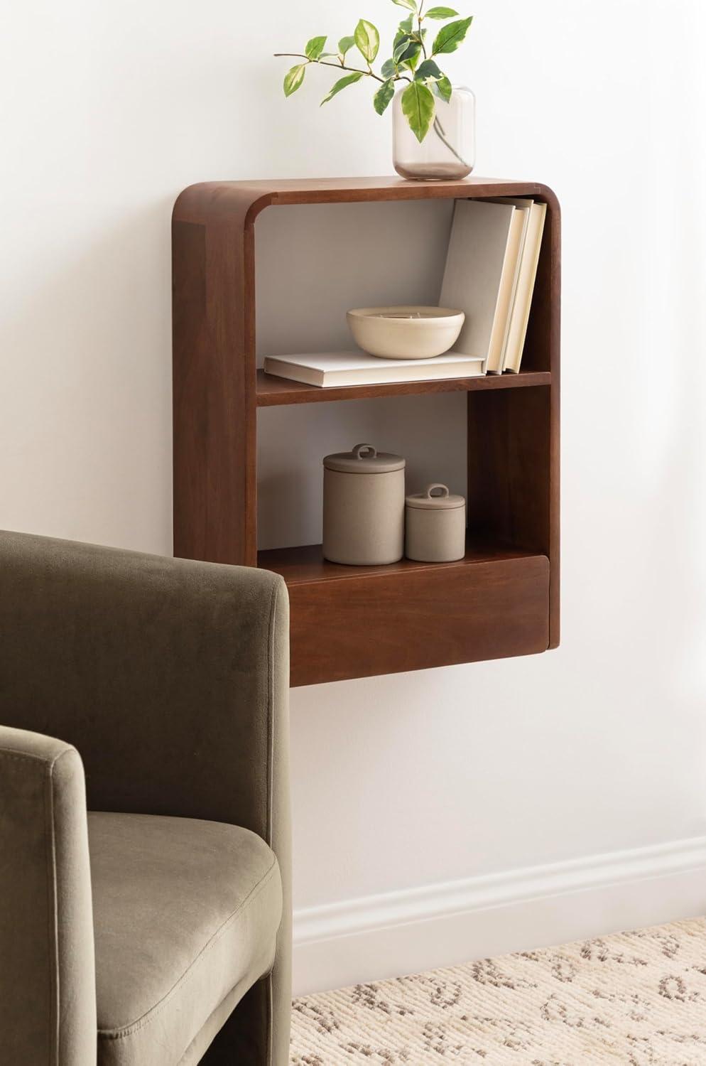 Walnut Brown Mango Wood Floating Wall Shelf with Drawer