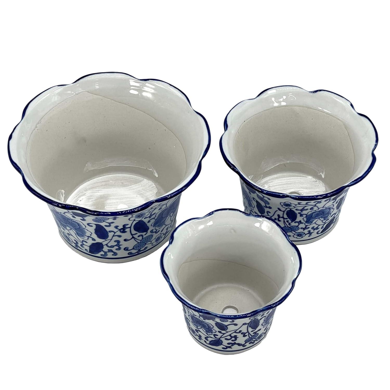 Galt International Blue & White Floral Porcelain Ceramic Decorative Flower Pot 8"/6"/4.5" Garden Pots Chinese Asian Design - Set of 3 Cylinder Fluted Edge