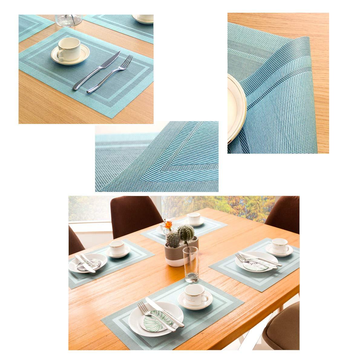 PIGCHCY Heat Insulation Non Slip Plastic Placemats,Washable Easy to Clean Woven Vinyl Kitchen Stain Resistant Placemats for Dining Table Set of 6 (Sky Blue)