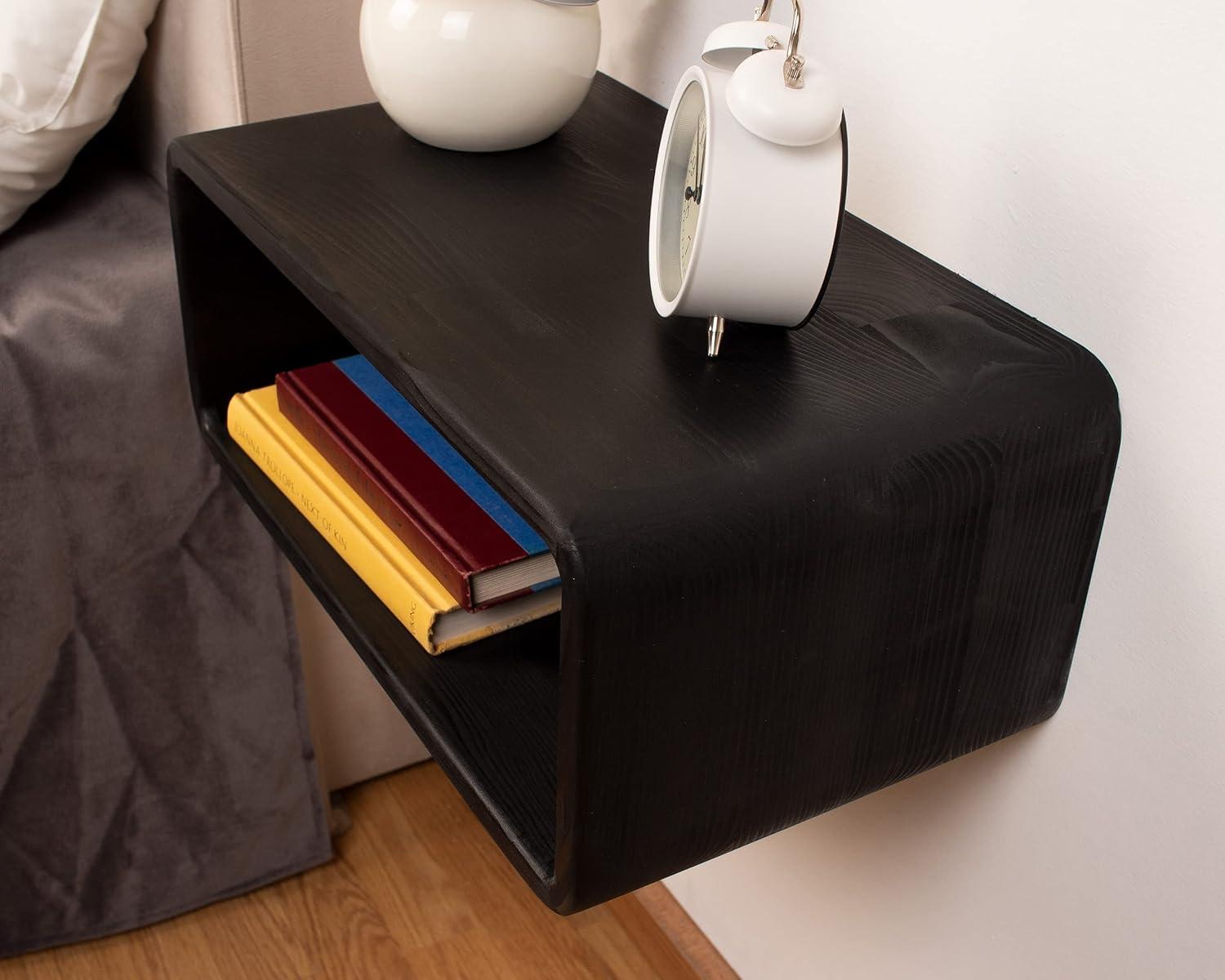 Black Spruce Wood Floating Nightstand with Open Shelf